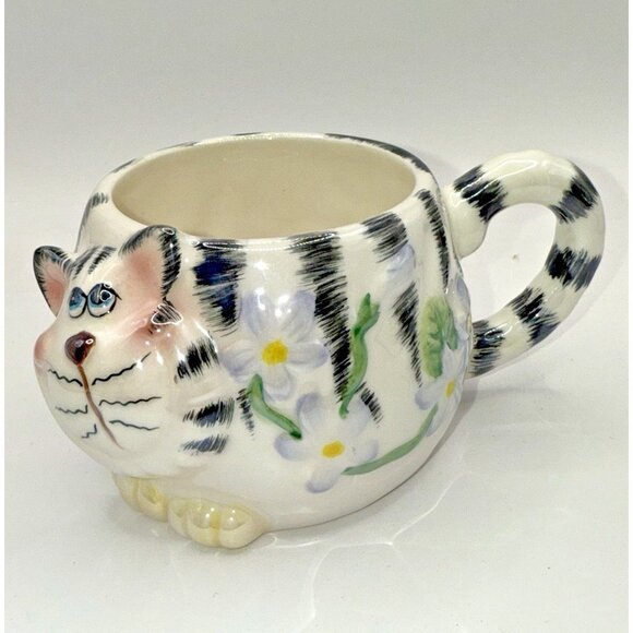 Cute Whimsical Cat Mug Cup Black White Striped Tabby Succulent Air Fern Planter - Picture 3 of 8